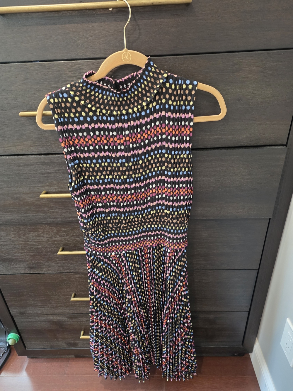 Nanette Lepore Black Midi Dress with Pink, Blue, Yellow & Orange Dot Print